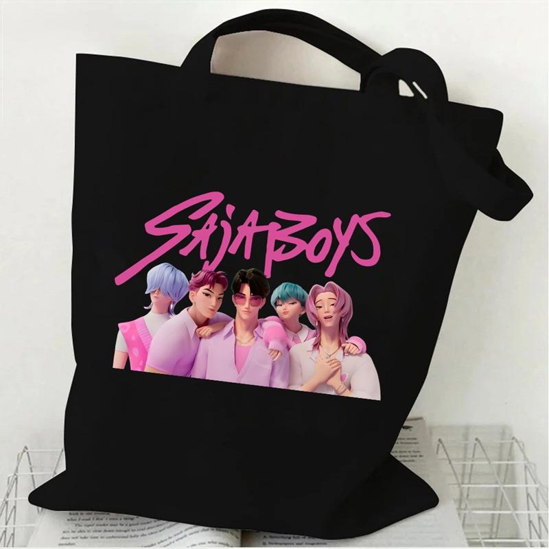 New Kpop Demon Hunters Black White Canvas Bag Saja Boys Anime Print Tote Bag Girls Trendy Lightweight Shoulder Bag