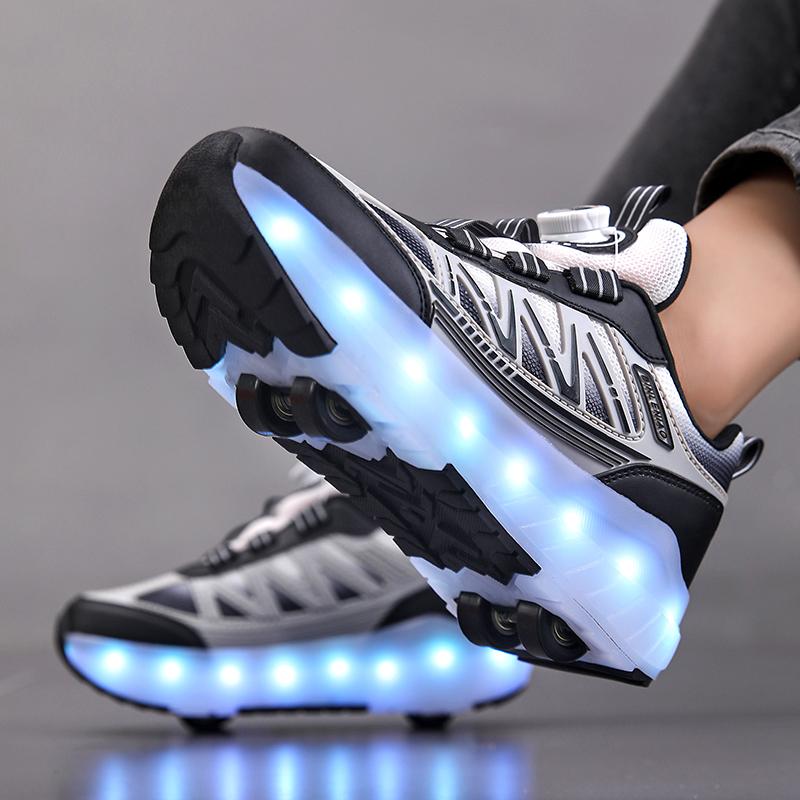 Four-wheel Running Shoes Detachable Flat Shoes Rechargeable USB Luminous Sports Light Shoes Girls Roller Skates Boys Shoes