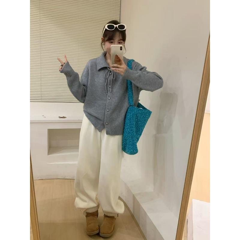 Early spring atmosphere sweet lace-up single-breasted loose knitted coat women's long-sleeved simple solid-color coat