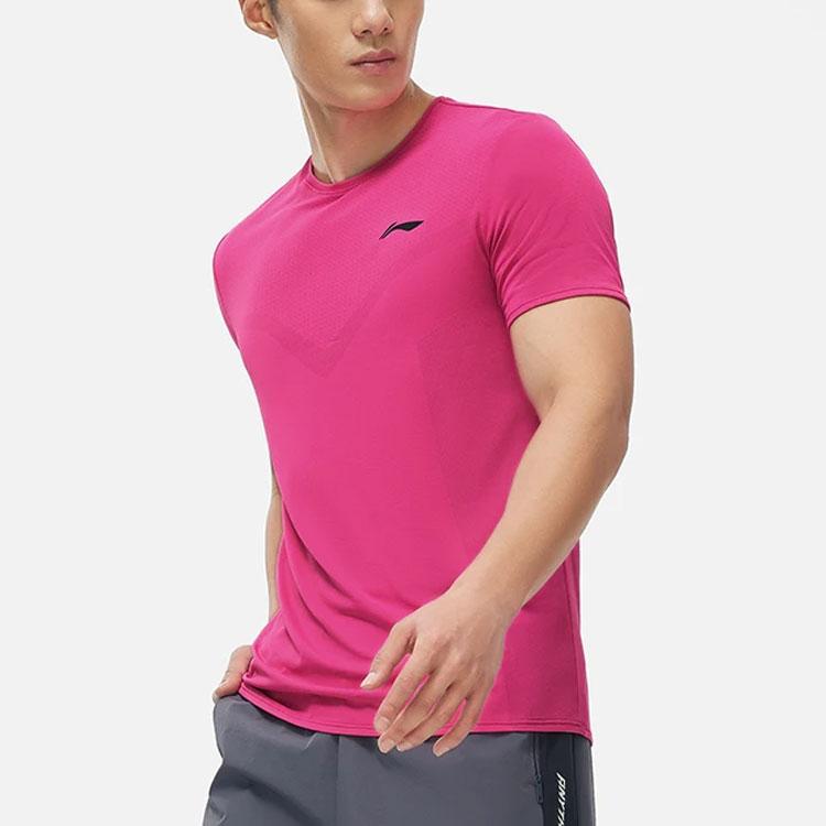 Li Ning Running Series Solid Color Reflective Quick-Dry Breathable Slim Fit Short Sleeve T-Shirt Men Tops Bright-Pink ATST083-1