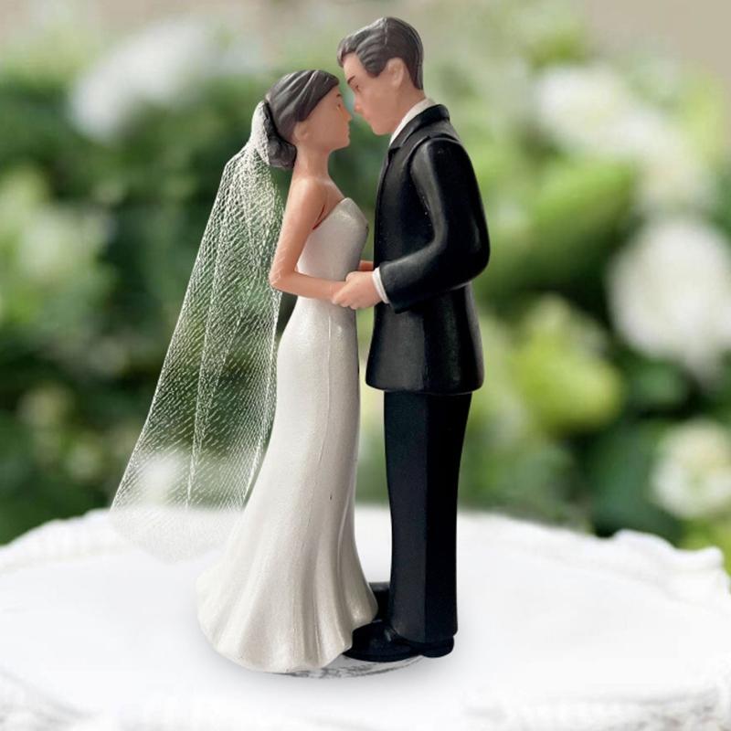 Plastic Bride Groom Cake Toppers With Realistic Tuxedo Veil Detail Wedding Cake Decoration For Formal Event Setting