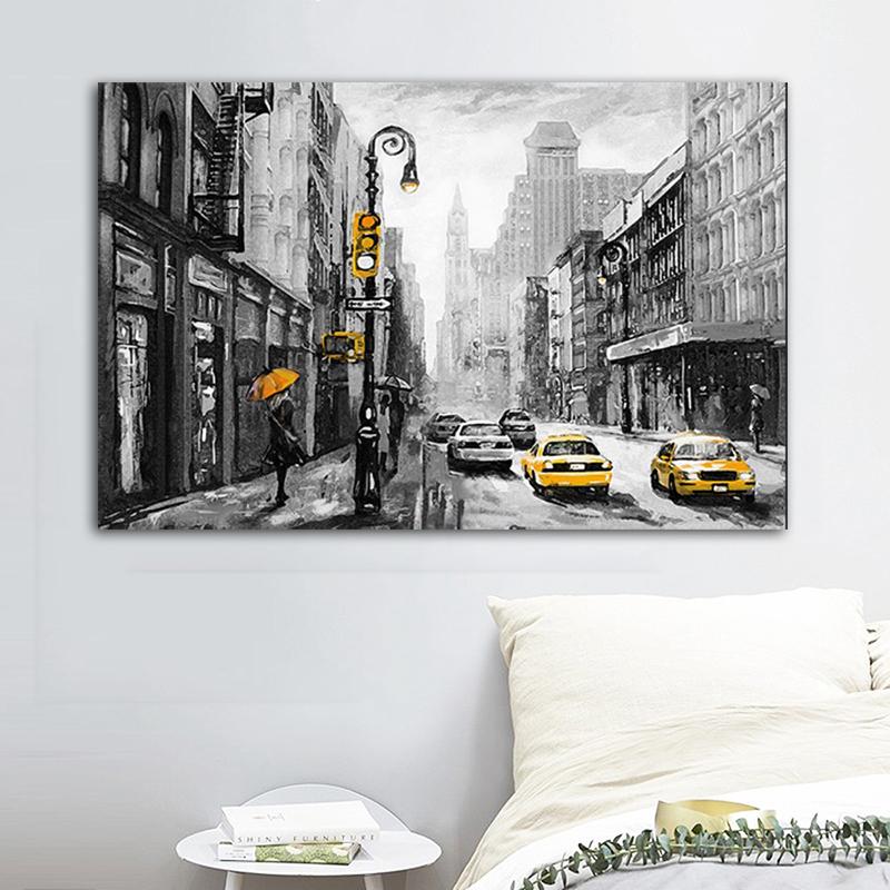 Solid Wood Frame Rain City Street Scenery Paris Canvas Painting Landscape Red Tree Yellow Car Pictures For Living Room Wall Art Decor