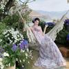 Nebel Lila Schwere Industrie Handgefertigt Rose Hals Kleid Lotusblatt Rand Gedrucktes Urlaubs kleid