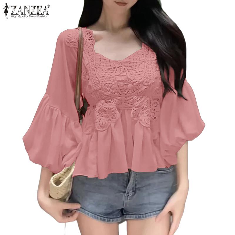 ZANZEA Women Square Neck Casual Crochet Patchwork Summer 3/4 Sleeve Blouse