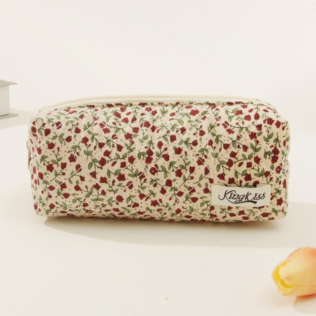 Cute Floral Cotton Pen Pouch Makeup Bag Travel Organizer With Stitching Red/yellow/pink