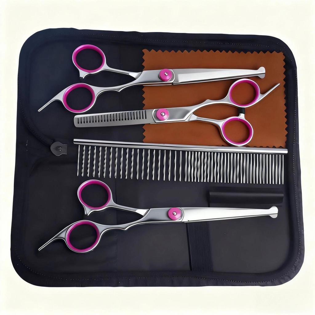 Portable Pet Grooming Scissor Set: Flat & Curved Hairdressing Tools