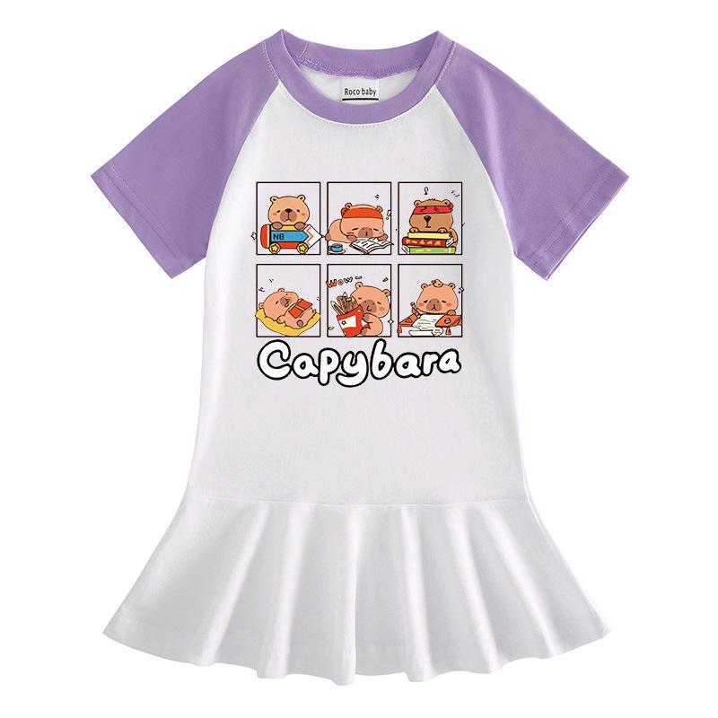 Girls' Summer Cartoon Pleated Ruffle Dress with Raglan Short Sleeves