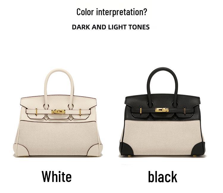 Lychee Grain Cowhide Canvas Color Block Women's Handbag - Large Capacity Shoulder & Crossbody Bag