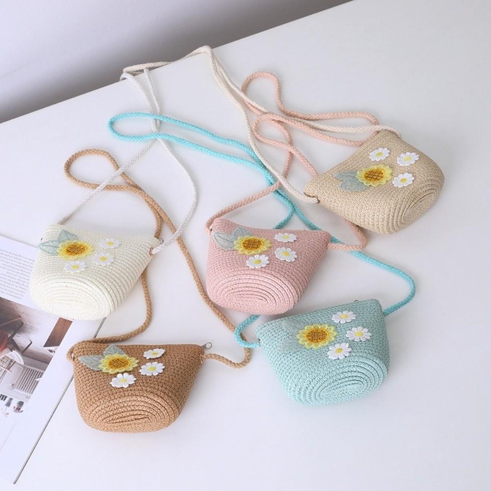 Small Daisy Children Beach Straw Hat Wide Brim Fisherman Hat Outdoor Straw Bag Cap Set  Summer