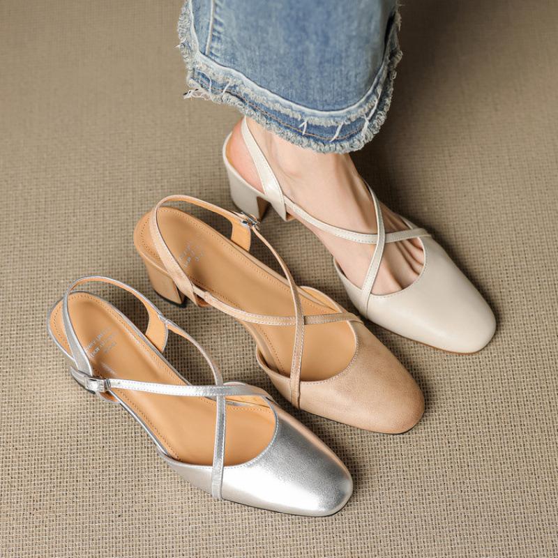 Summer solid color back empty sandals new women's thick heel sandals casual leather beef tendon soft sole bag head sandals large size