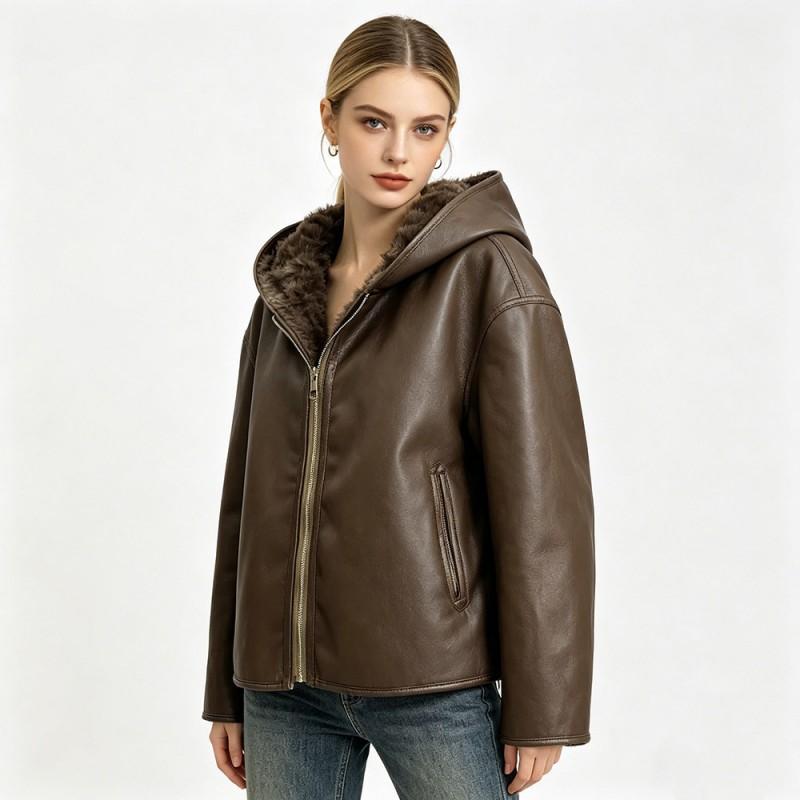 Womens Reversible Faux Fur Jacket With Hooded Design 2026 OL Style Long Sleeve Coat Office Commute