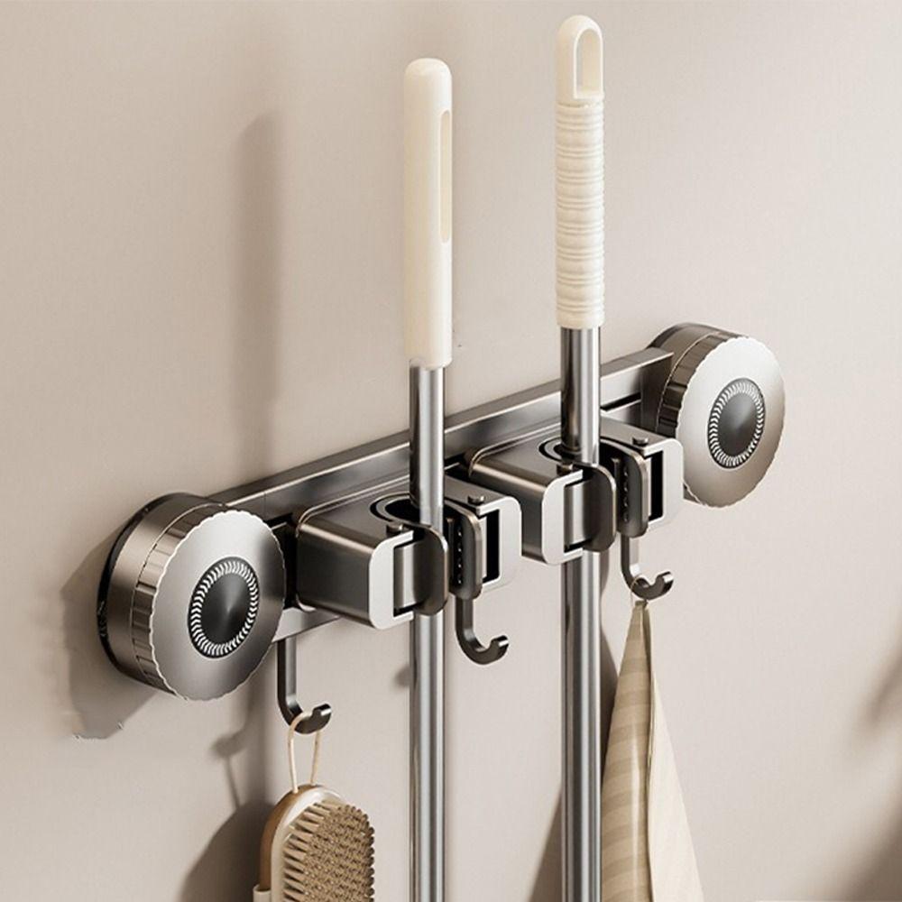 Vacuum Suction Wall Mounted Mop Rack Space Aluminum Mop Clip Rack Broom Holder  Household Storage