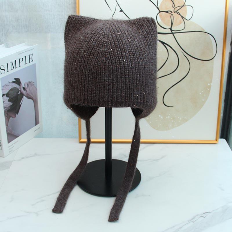 New High-quality Cute Ear Protection and Warm Cat Ears Rabbit Hair Knitted Hat Autumn and Winter Fashion Balaclava Women's Tide