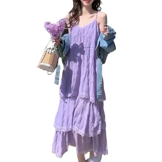 Women Sling Dress V-Neck Sleeveless Multi Layer Lace Splicing Design Maxi Dress Solid Color