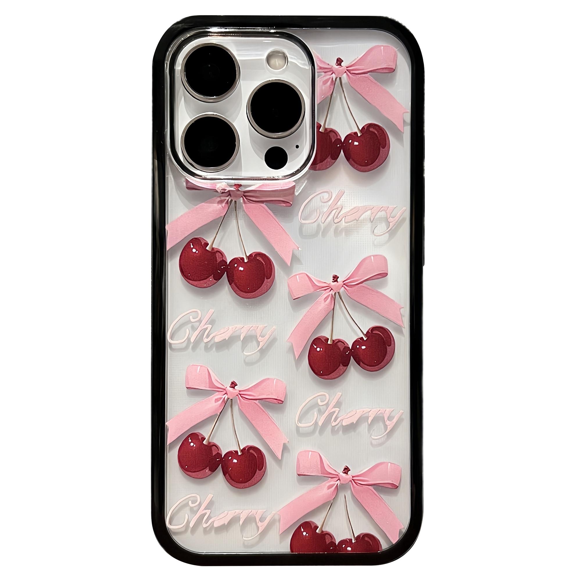 

For iPhone 16 Pro Max Case Bow Cherry Pattern TPU+Acrylic Phone Cover Large Cherries