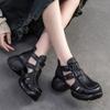 Johnature Retro Dickbesohlte Hohl Atmungsaktive Sandalen Echtes Leder Bequeme Vielseitige Damenschuhe