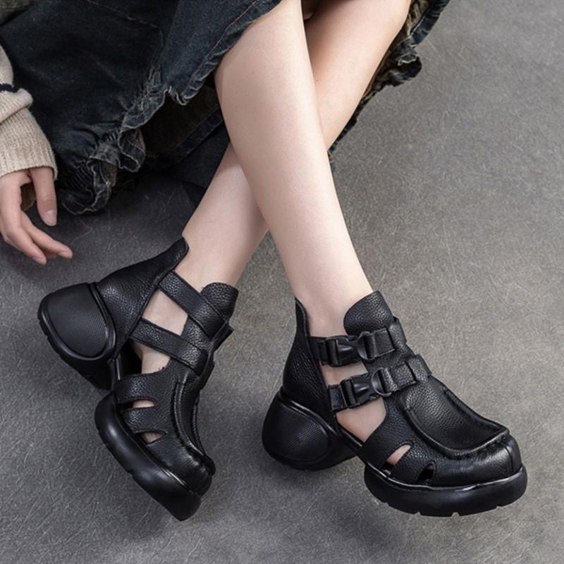 Johnature Retro Dickbesohlte Hohl Atmungsaktive Sandalen Echtes Leder Bequeme Vielseitige Damenschuhe