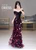 Shoulder Bride Engagement Toast Three-dimensional Flower Sequins Banquet Fishtail Dress Host Art Exam Evening Dress