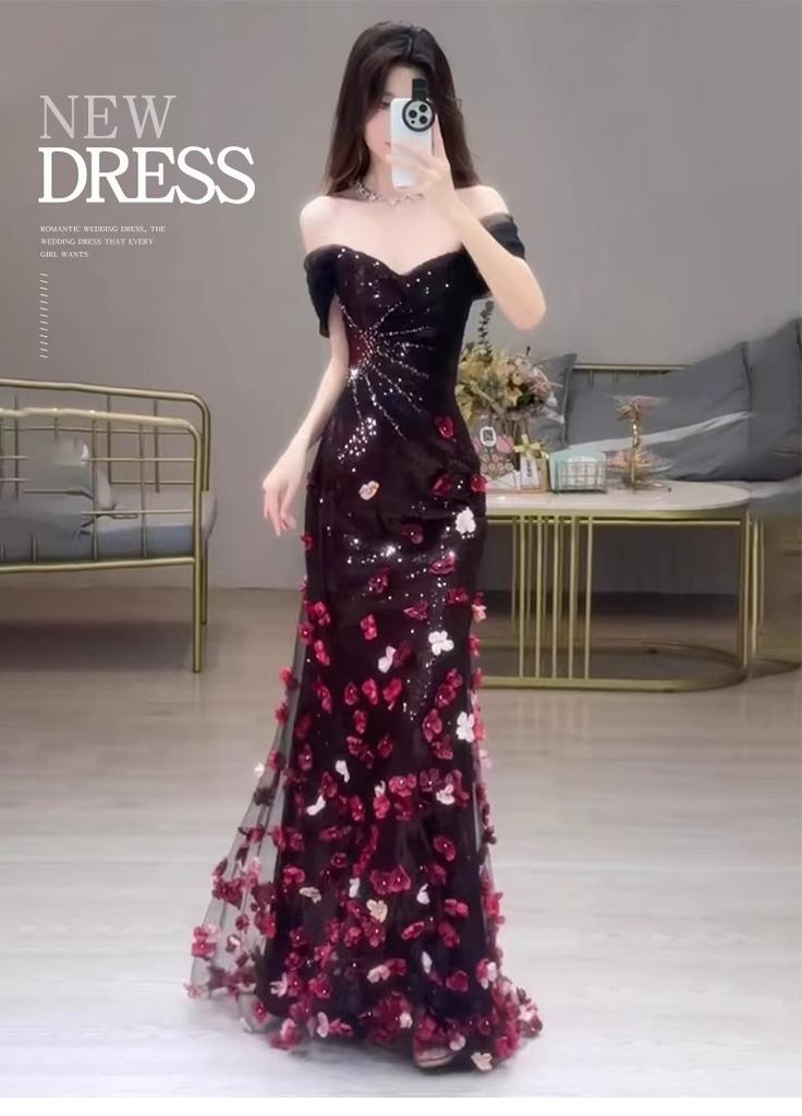 Shoulder Bride Engagement Toast Three-dimensional Flower Sequins Banquet Fishtail Dress Host Art Exam Evening Dress