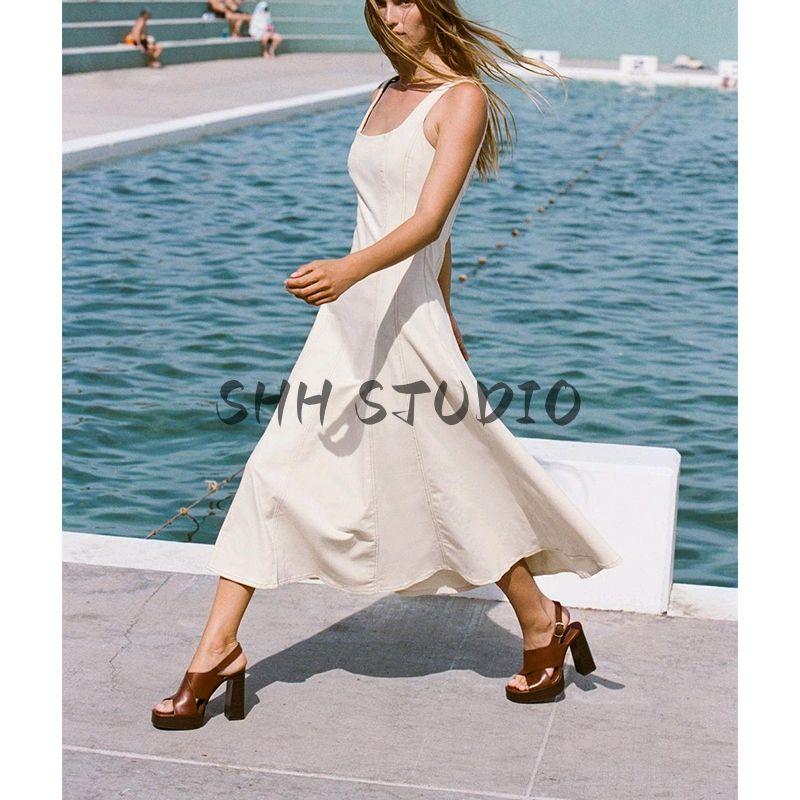 Spring Contrast Color Thread Decoration A- line Hem Open Line Design round Neck Midi Dress 0779075