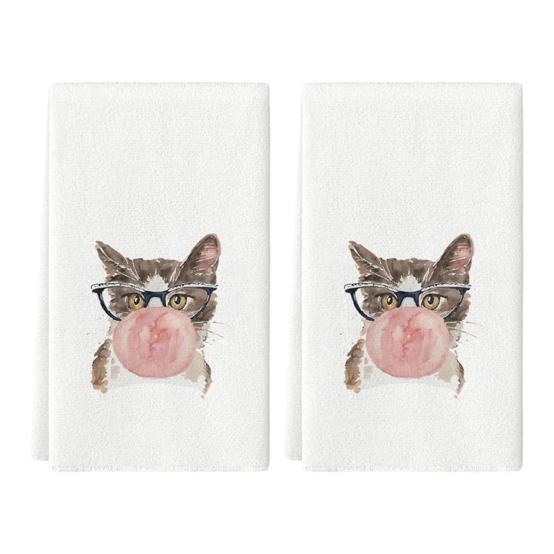 Set of 2 Decorsative Cats Themed Kitchen Towels Quick Drying Dishcloths Hand Towel For Countertop Decors Practical Use