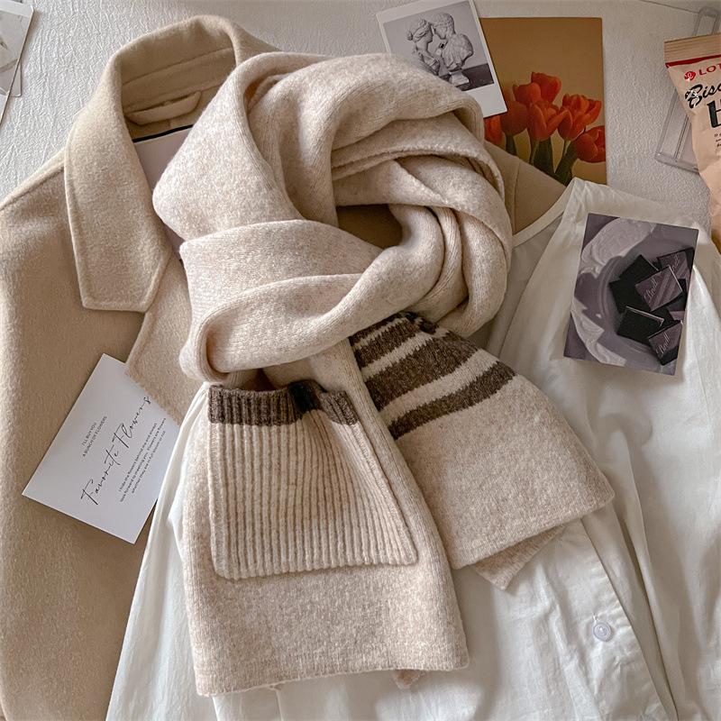 Pocket scarf women's autumn and winter plaid striped wool blend versatile student couple warm scarf dual-purpose tide