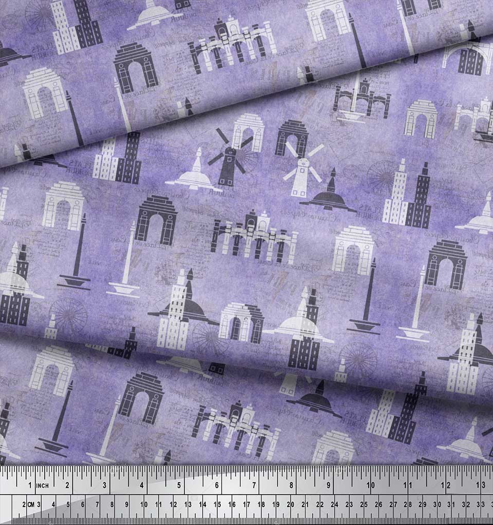 Soimoi Purple Japan Crepe Satin Fabric Text & Monuments Architectural Print Sewing Fabric Metre 42 Inch