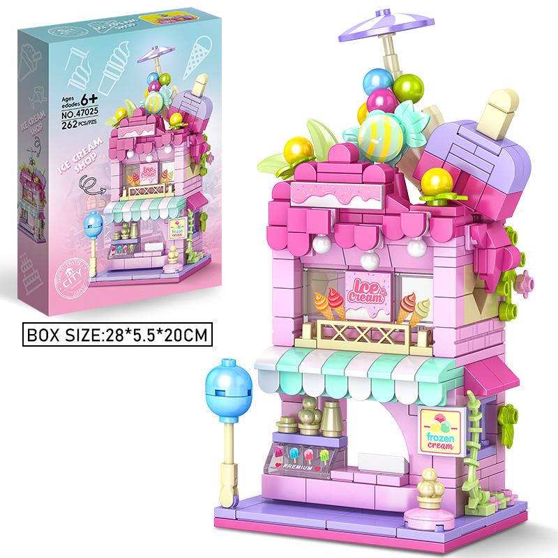 City Building Blocks Ice Cream Shop Dessert House Model Set Desktop Decor Kids DIY Toys Christmas Birthday Gift