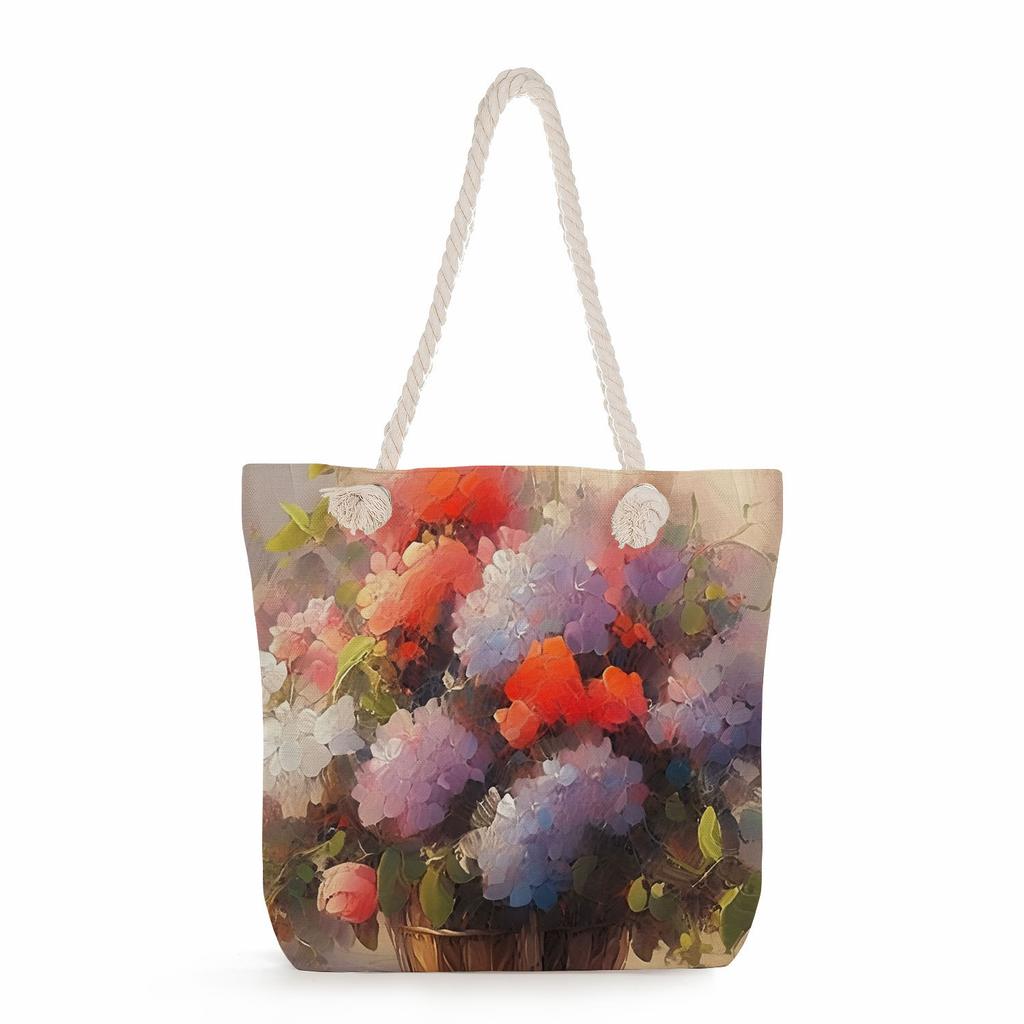 Multifunctional Oil painting flowers Printed Thick Rope Shoulder Beach Bag Casual large capacity handbag 0245