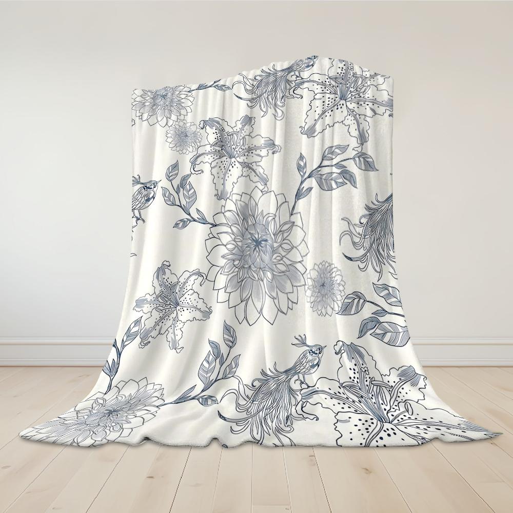 Floral & Bird Pattern Flannel Blanket Warm Soft Halloween Christmas Couch Warm Cozy Decorative Decor Gift for All Season