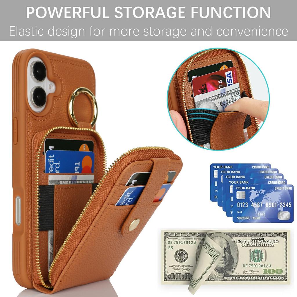 For iPhone 16 Case with Zipper Pouch/Ring Kickstand/Strap Litchi Texture PU + TPU Phone Cover