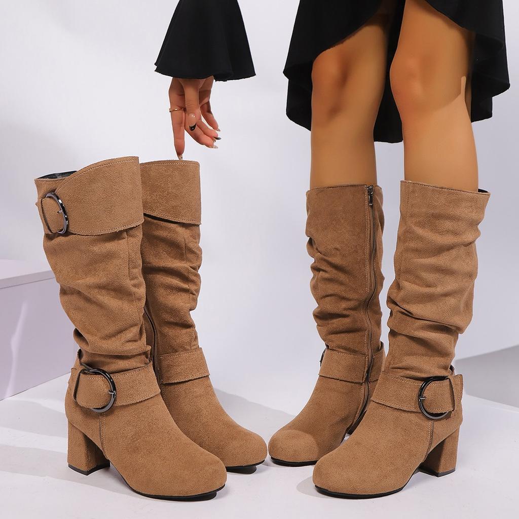 Winter Elegant Black Knee High Boots Women Classic Brown High Heelsmid-calf Boots Keep Warm with Zipper Big Size 43 Boots Women