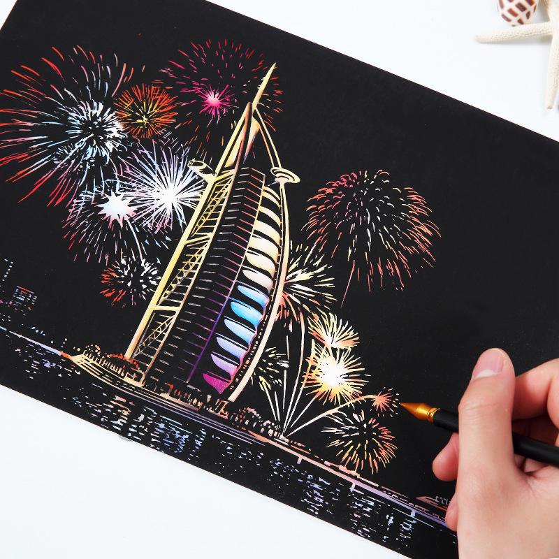 A4 Nachtansicht Stadtbild Kratzbild DIY Bastelset - Geschenk zum 18. Geburtstag für den besten Freund