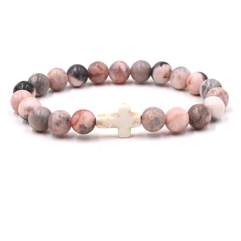 Trendy Beaded Bracelet With Natural Agate Stones - Stylish Cross Pendant Bracelet - Elegant Jewelry For Daily Wear