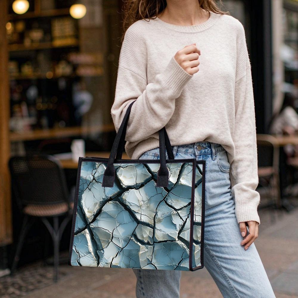 Blue Cracked Pattern Tote Bag Casual Large Capacity Shopping Handbag for Daily Use