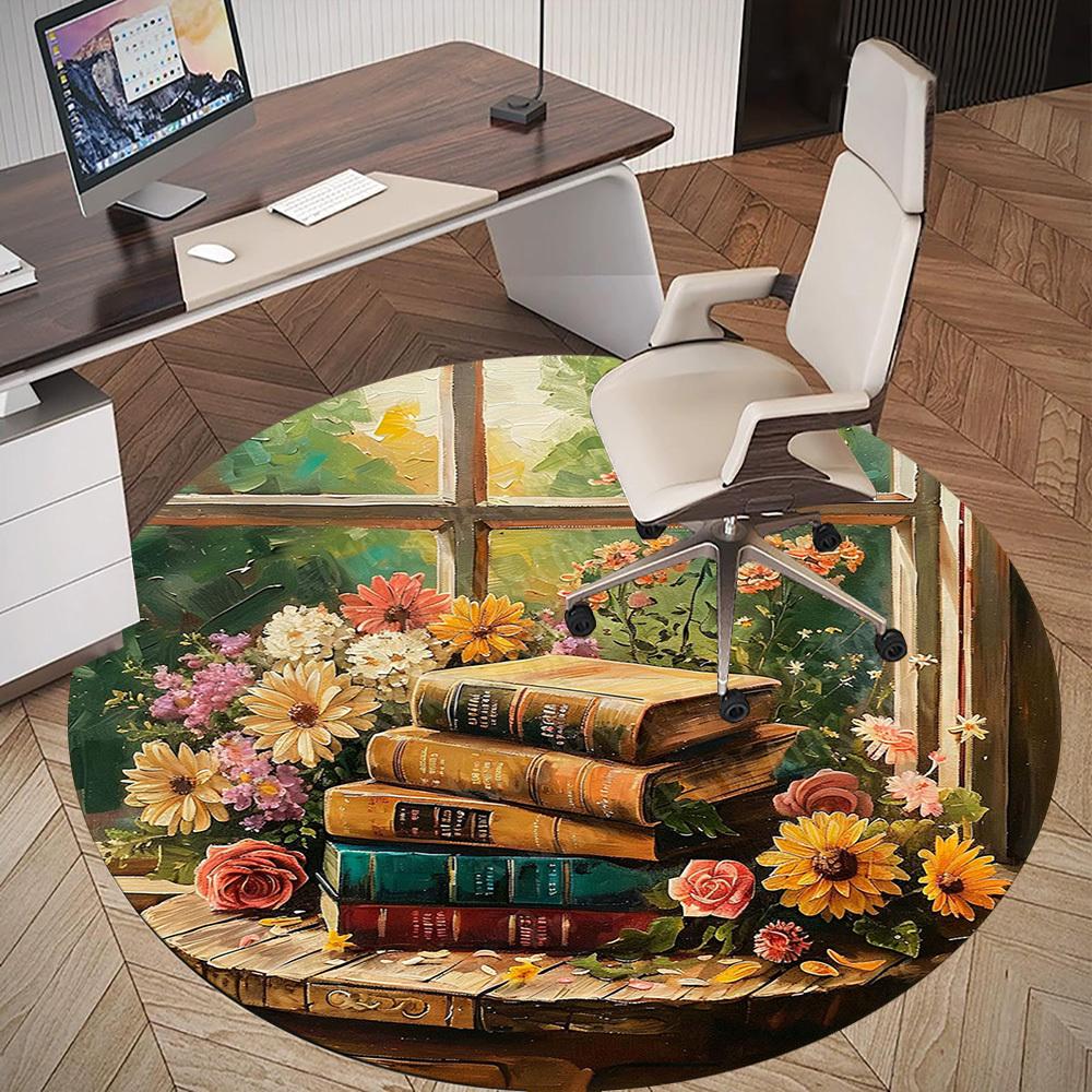 1PC flowers books Office Round Area Rug, Under Office Chairs Bedroom Living Room Home Decor, Carpet for Office -1110042