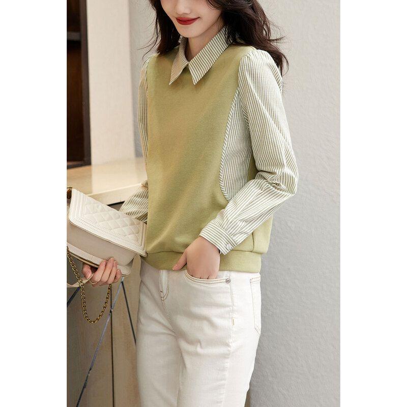 Spring Autumn Polo-neck Fake Two Pieces Sweatshirt Women Long Sleeve Casual Striped Patchwork Pullover Top