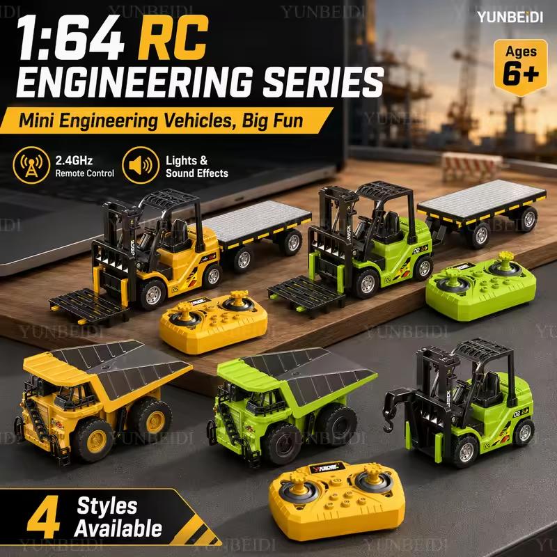 1:64 Mini Remote Control Alloy Excavator Truck Forklift with Trailer Worktop Bluetooth 2.4GHz RC Car Child's Toy Holiday Gifts
