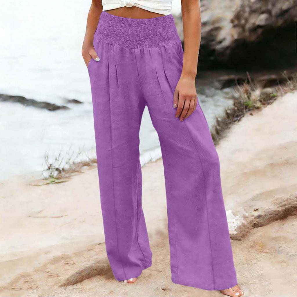Women's Casual Fashion Cotton Linen Elastic Waist Pants With Pockets