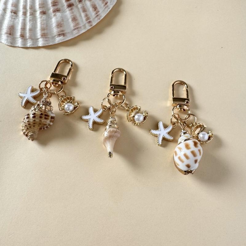 Oceanic Shell Alloy Keychain Pearls Accent Lightweight Versatile Purse Charm Jewelry Multi Functional Accessory
