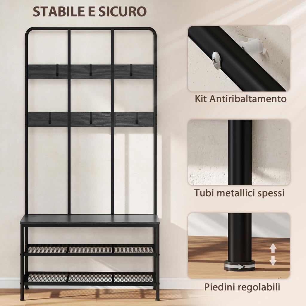 3-in-1 Hallway Coat Rack with 6 Hooks and Shoe Rack Bench, 91x36x180cm, Black