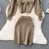 Autumn And Winter Retro Cross Sex V-Neck Bubble Sleeve Loose Sweater + High Waist Hip Knitted Half-Body Skirt Two-Piece Set