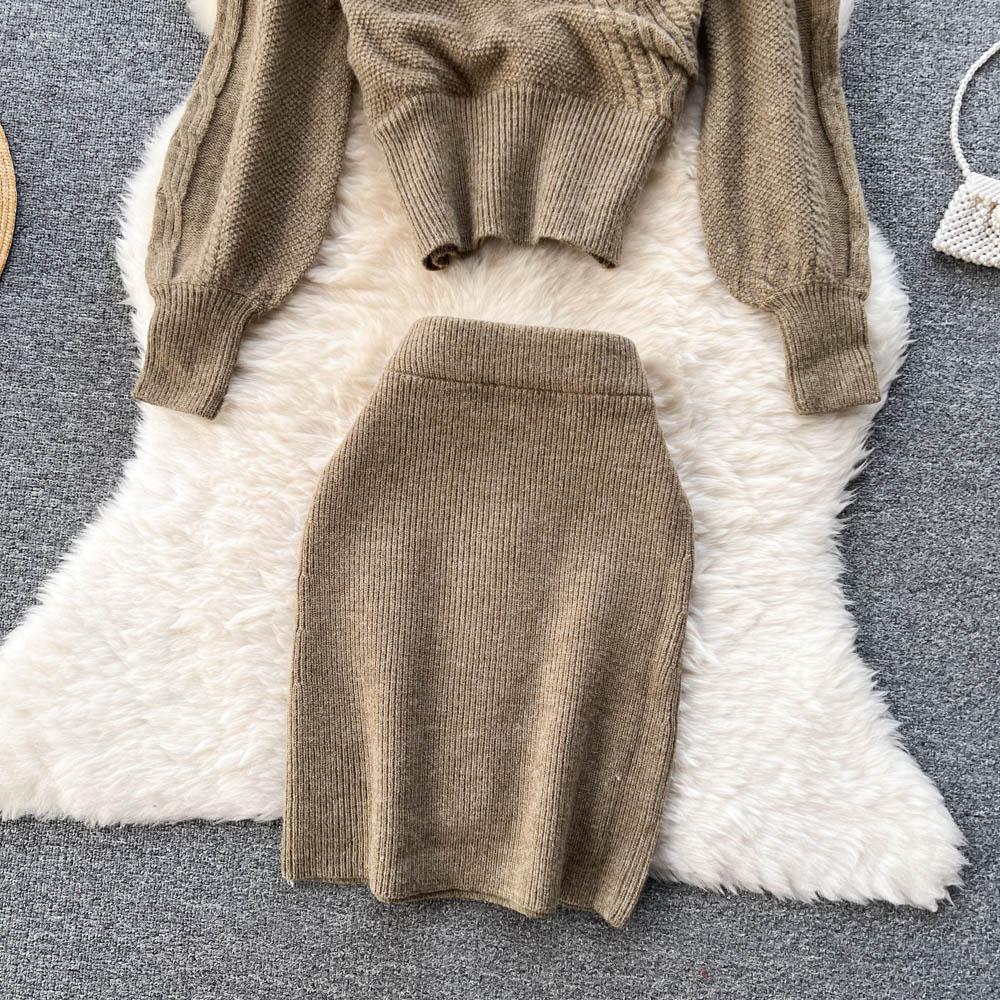 Autumn And Winter Retro Cross Sex V-Neck Bubble Sleeve Loose Sweater + High Waist Hip Knitted Half-Body Skirt Two-Piece Set
