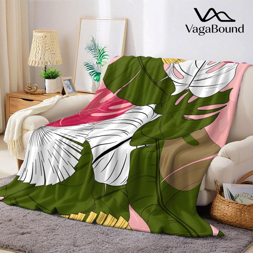 Pink Tropical Leaf Flannel Blanket Warm Soft Halloween Christmas Decorative Couch Warm Cozy All-Season Gift