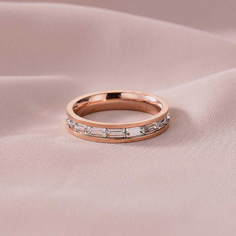 Japanese and Korean Simple Titanium Steel Ring Full of Rectangular Zircon Trendy Temperament Couple Ring