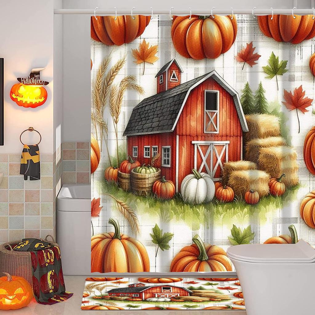 Erntedank Ahornblätter Kürbismuster Badezimmer Duschvorhang mit 12 Haken Badezimmerdeko und Accessoires