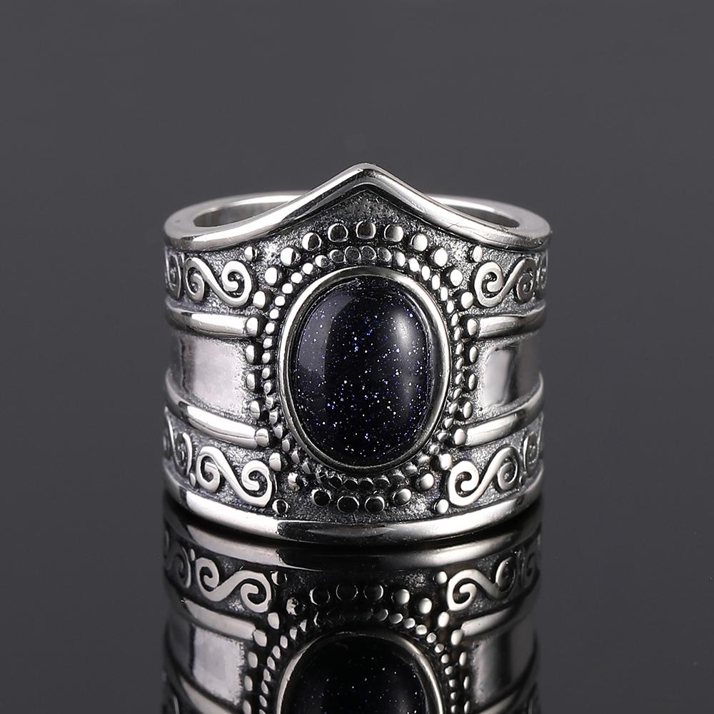 S925 Silver Ring for Women Oval Round Dropwater Natural Blue Sandstone Ring Gift Sun Shaped Retro Luxury Fine Jewelry