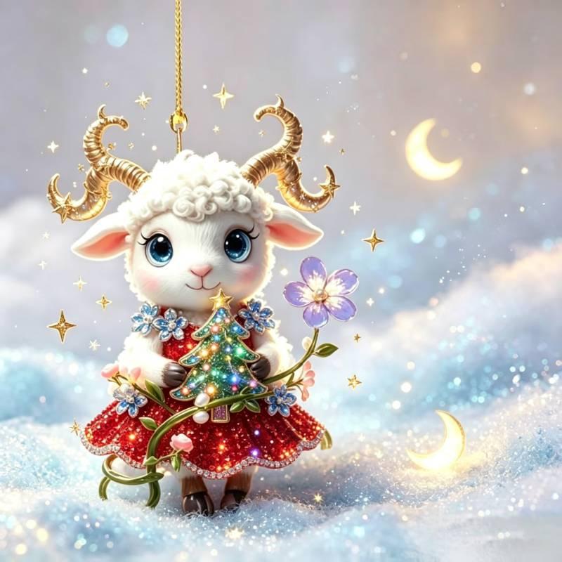 Shining 2D Flat Rhinestone Embossed Goat Pendant Bag Charm Christmas Tree Ornament