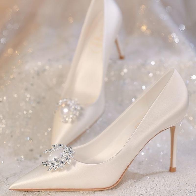 2026 Satin White Stiletto Bridal Heels - Sexy French-Inspired Wedding Shoes for Brides and Bridesmaids.