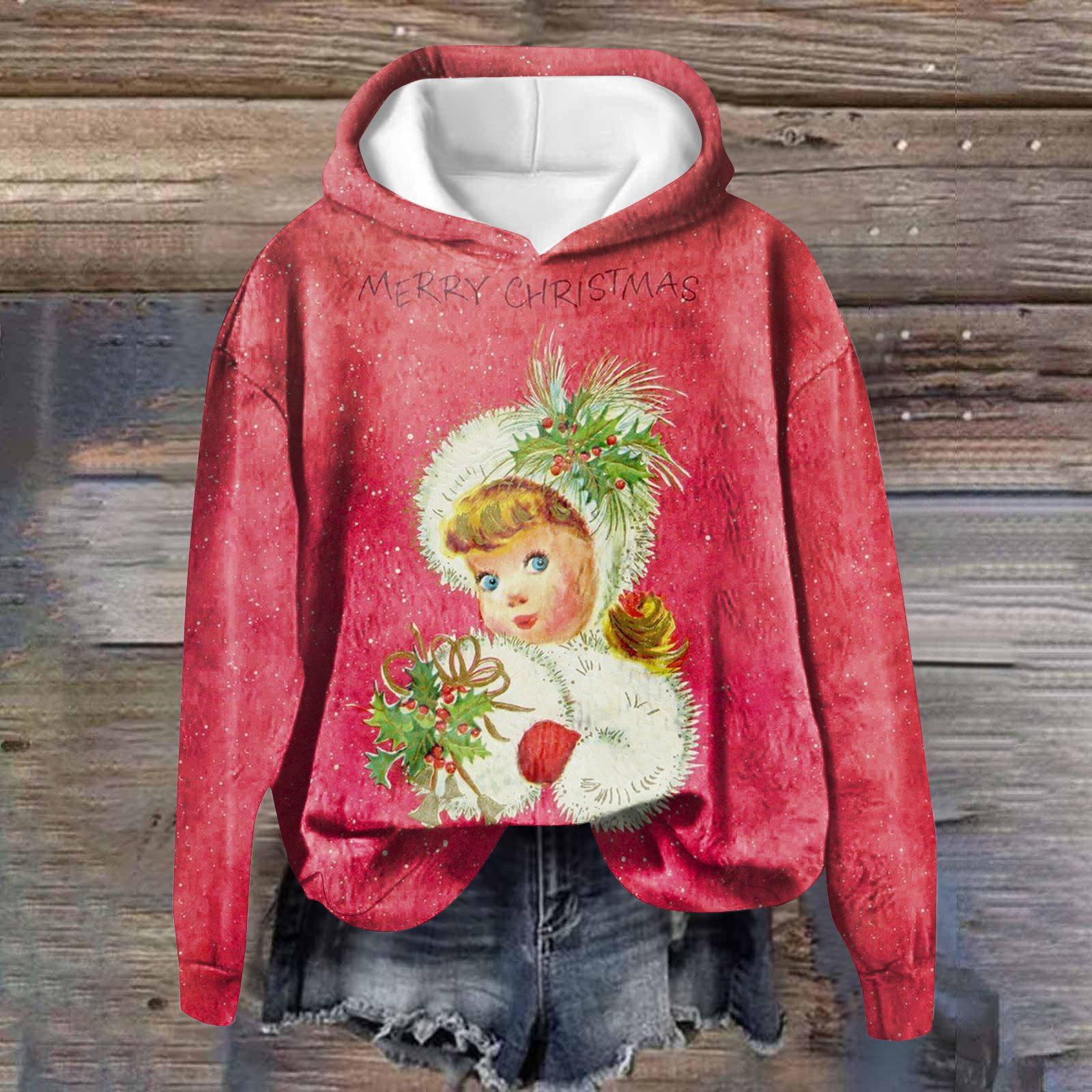 

Женская повседневная мода рождественский принт длинный рукав O-образный вырез пуловер толстовки L красный